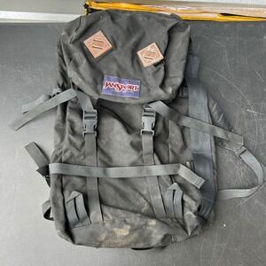 Vintage JanSport Made in USA Black Canvas Rucksack Backpack Leather Lash Tabs